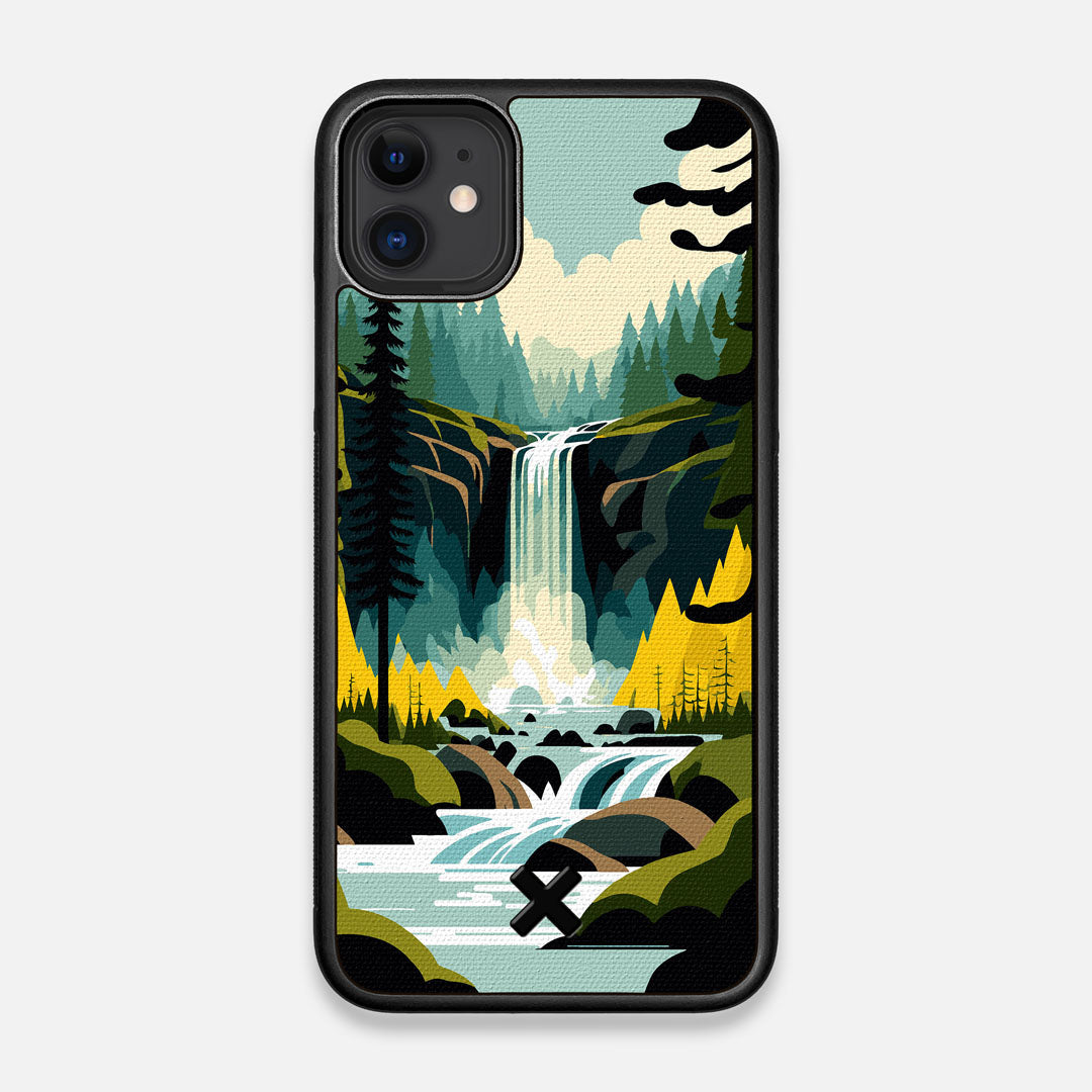 Front view of the stylized peaceful forest waterfall making it's way through the rocks printed to cotton canvas iPhone 11 Case by Keyway Designs