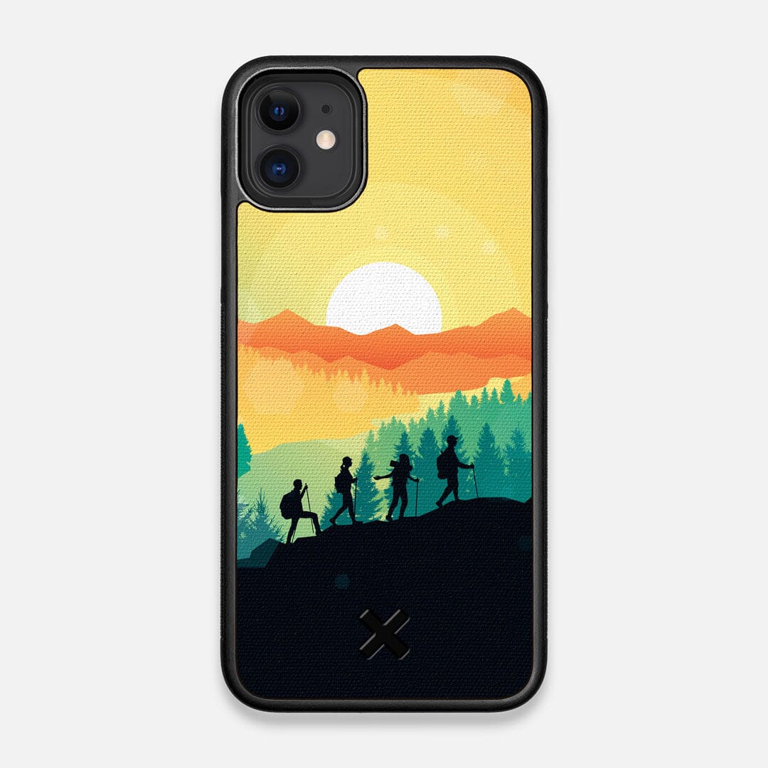 Front view of the stylized group of travellers on an expedition in the mountains printed to cotton canvas iPhone 11 Case by Keyway Designs