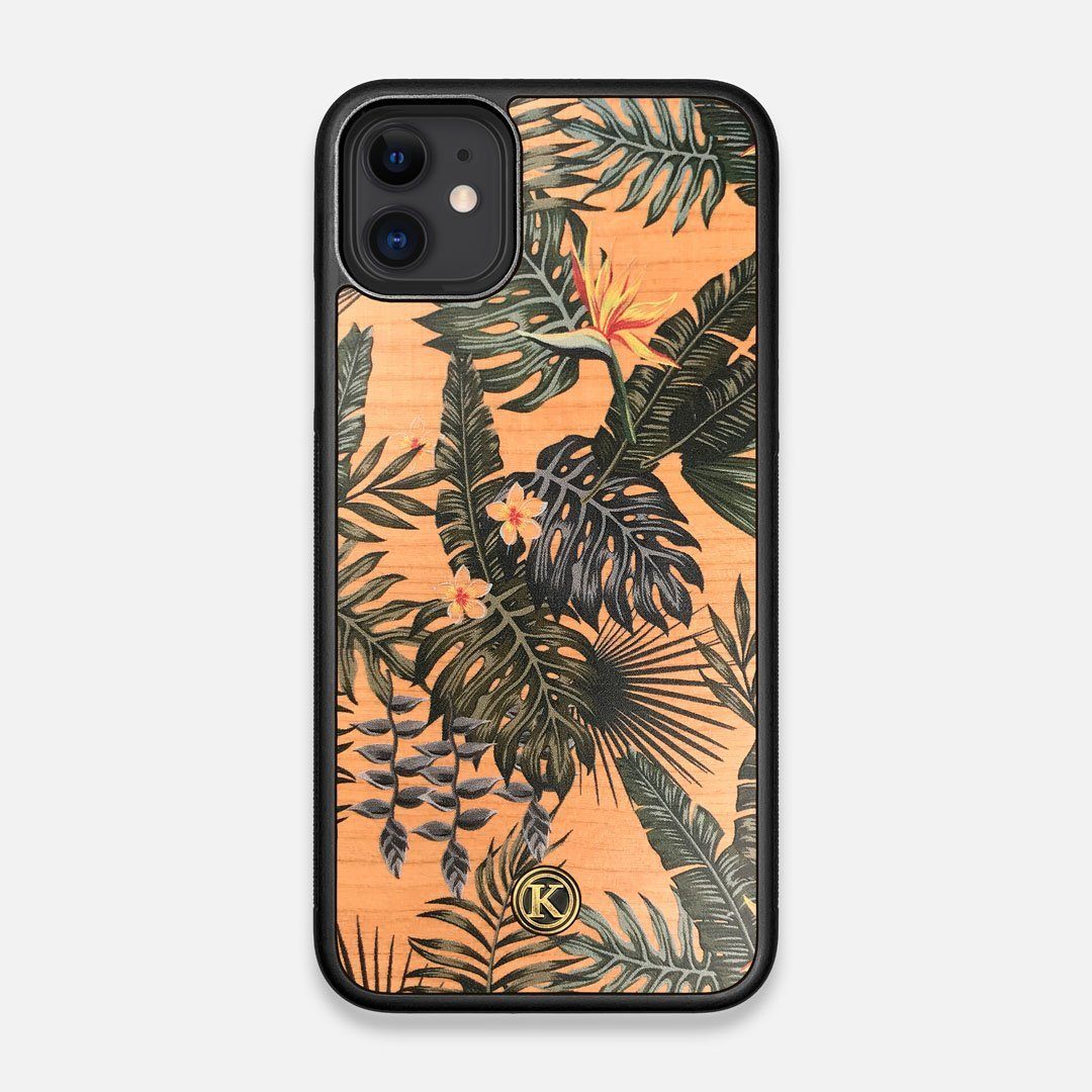 Front view of the Floral tropical leaf printed Cherry Wood iPhone 11 Case by Keyway Designs