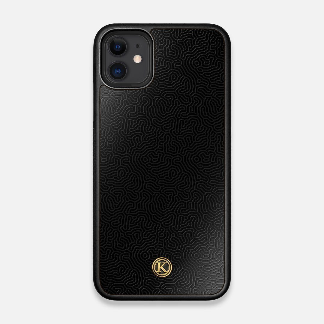 Front view of the highly detailed organic growth engraving on matte black impact acrylic iPhone 11 Case by Keyway Designs