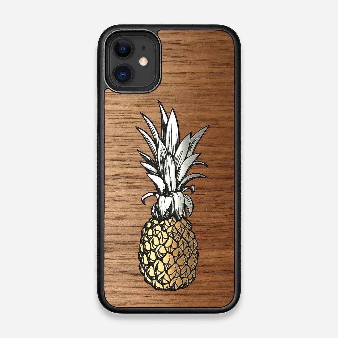 Front view of the Pineapple Walnut Wood iPhone 11 Case by Keyway Designs