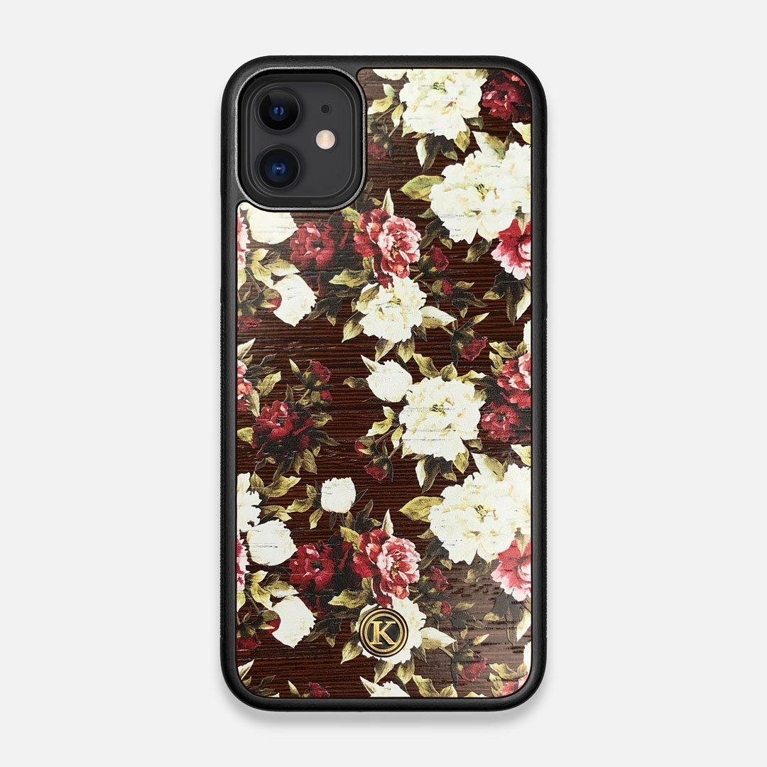 Front view of the Rose white and red rose printed Wenge Wood iPhone 11 Case by Keyway Designs