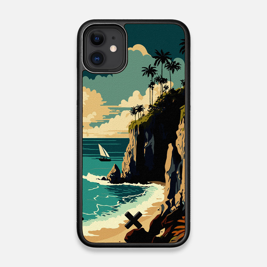 Front view of the stylized seaside bluff with the ocean waves crashing on the shore printed on cotton canvas iPhone 11 Case by Keyway Designs
