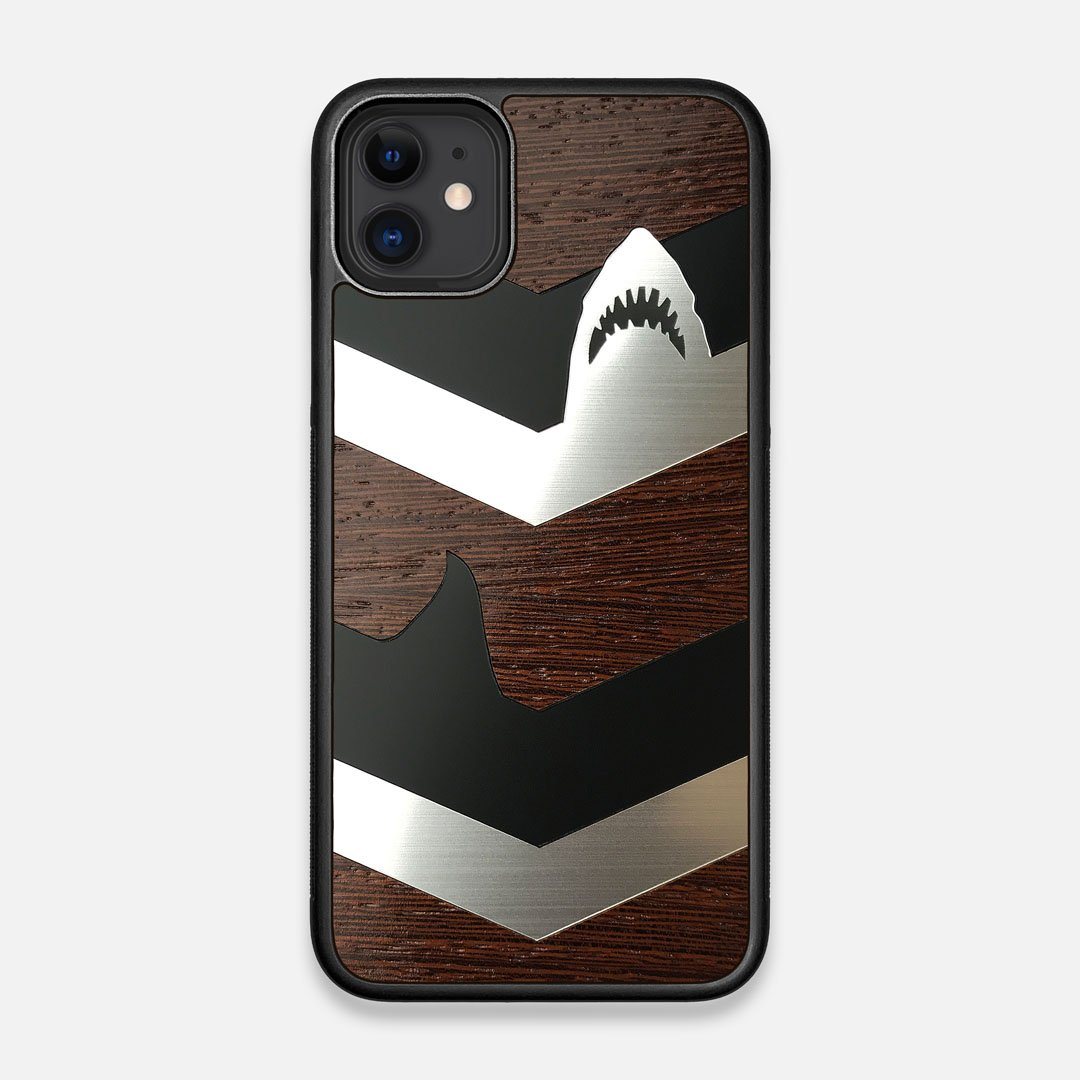 Front view of the Shark Chevron Dark By Parker Barrow Wenge Wood iPhone 11 Case by Keyway Designs