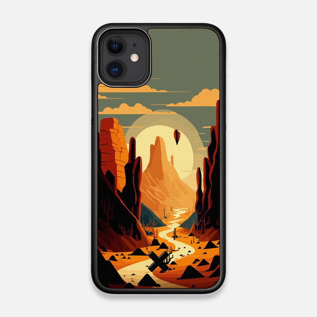 Front view of the stylized thin river cutting deep through a canyon sunset printed on cotton canvas iPhone 11 Case by Keyway Designs
