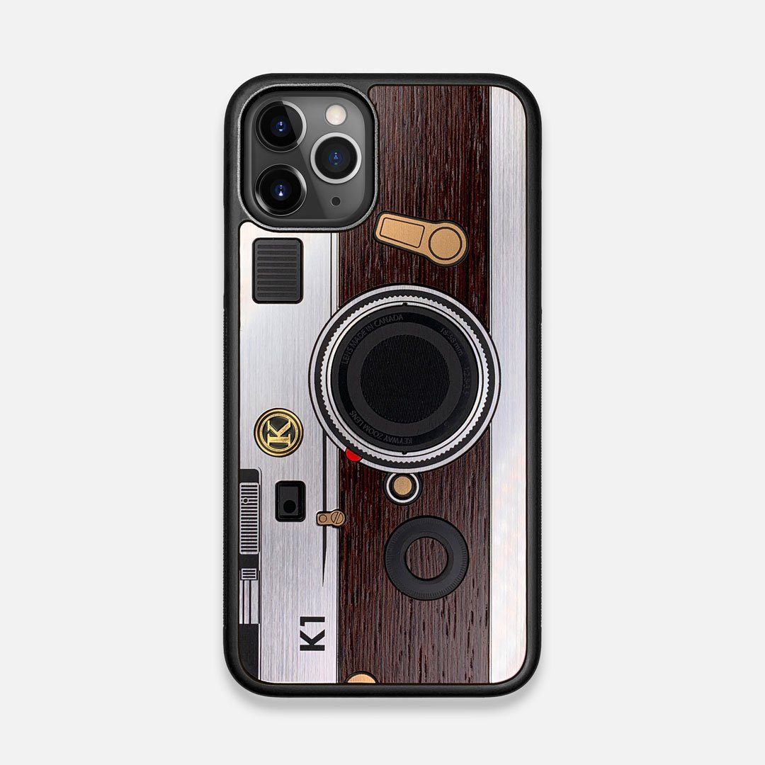 Front view of the classic Camera, silver metallic and wood iPhone 11 Pro Case by Keyway Designs