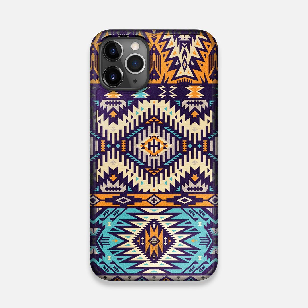 Front view of the vibrant Aztec printed Maple Wood iPhone 11 Pro Case by Keyway Designs