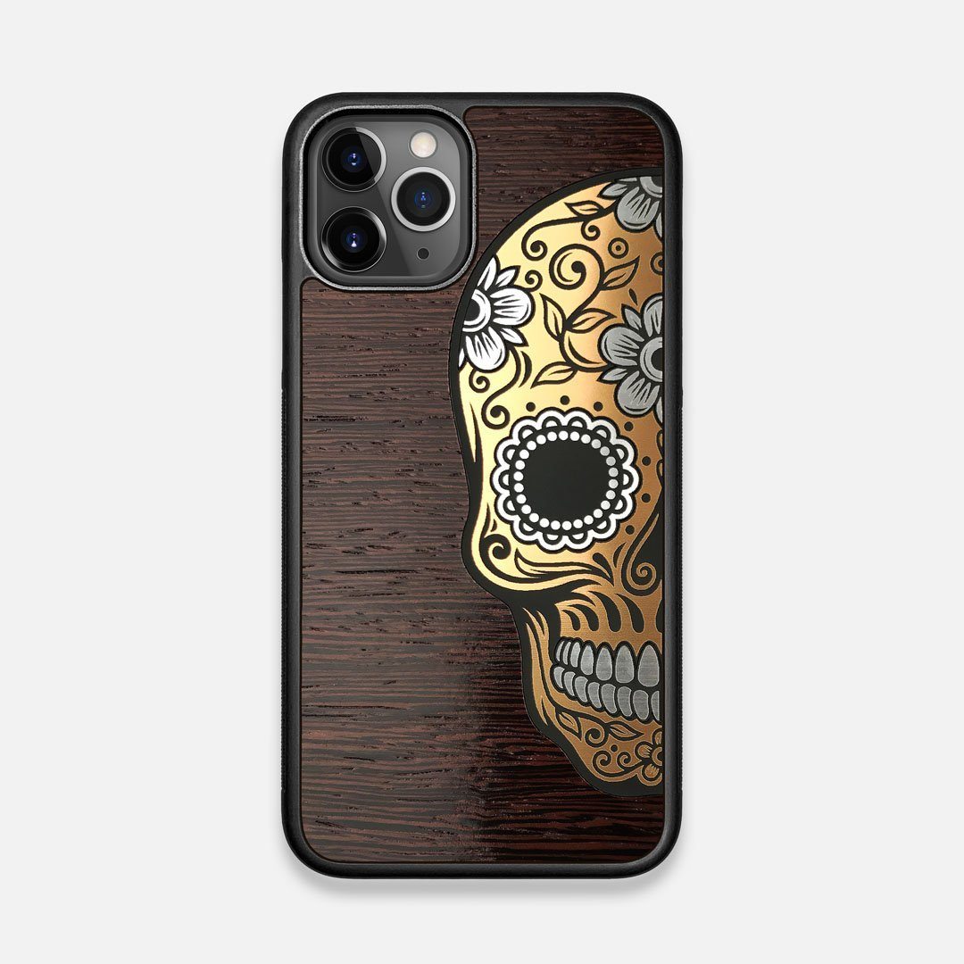 Front view of the Calavera Wood Sugar Skull Wood iPhone 11 Pro Case by Keyway Designs