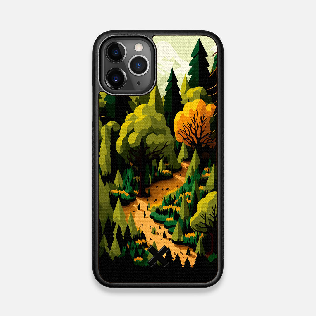 Front view of the stylized quiet forest path making it's way through the evergreen trees printed to cotton canvas iPhone 11 Pro Case by Keyway Designs