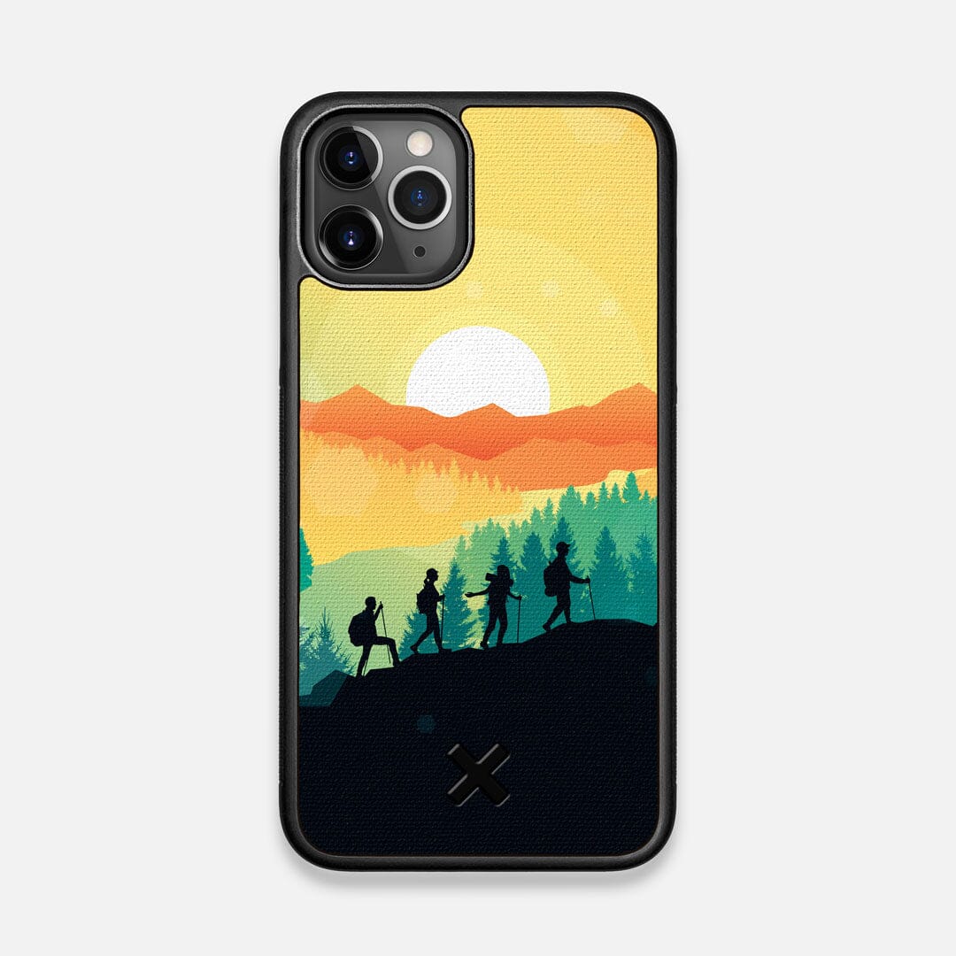 Front view of the stylized group of travellers on an expedition in the mountains printed to cotton canvas iPhone 11 Pro Case by Keyway Designs