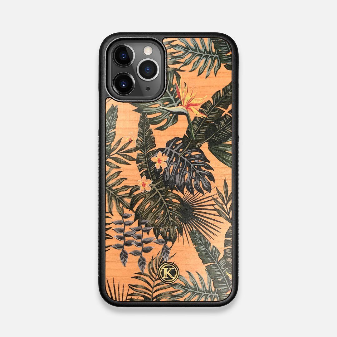 Front view of the Floral tropical leaf printed Cherry Wood iPhone 11 Pro Case by Keyway Designs