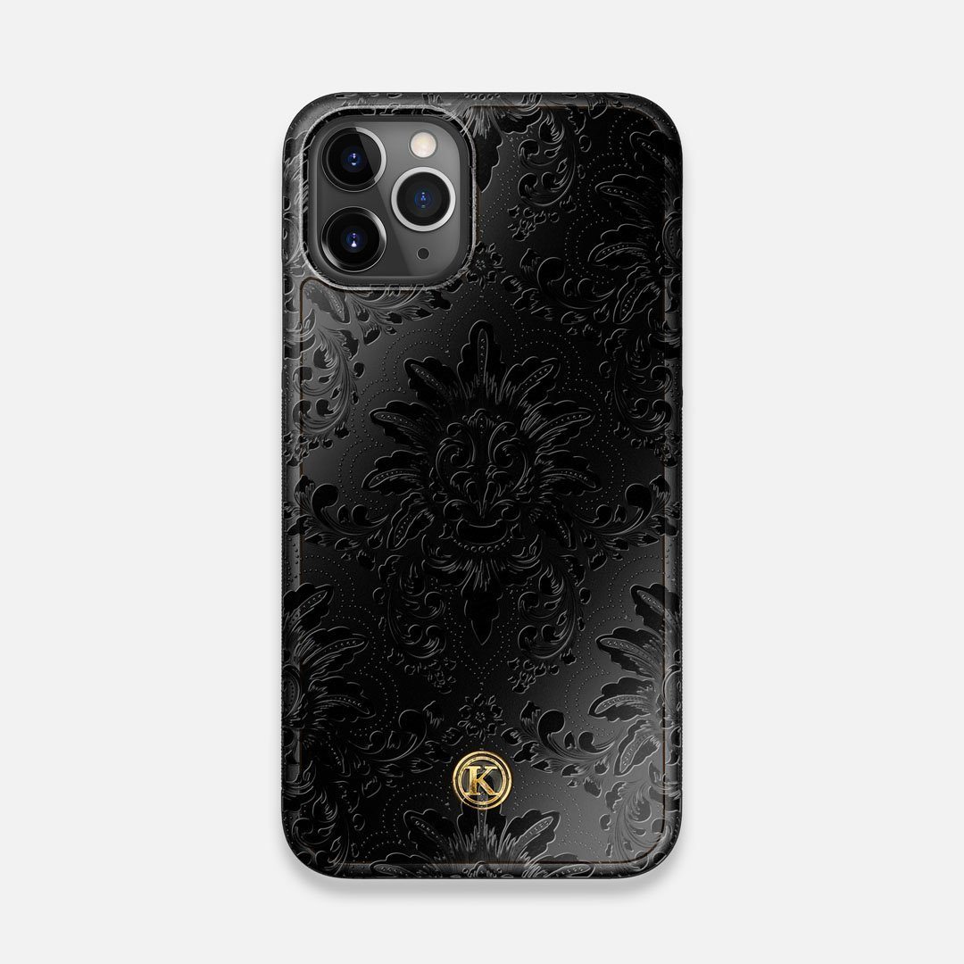 Front view of the detailed gloss Damask pattern printed on matte black impact acrylic iPhone 11 Pro Case by Keyway Designs