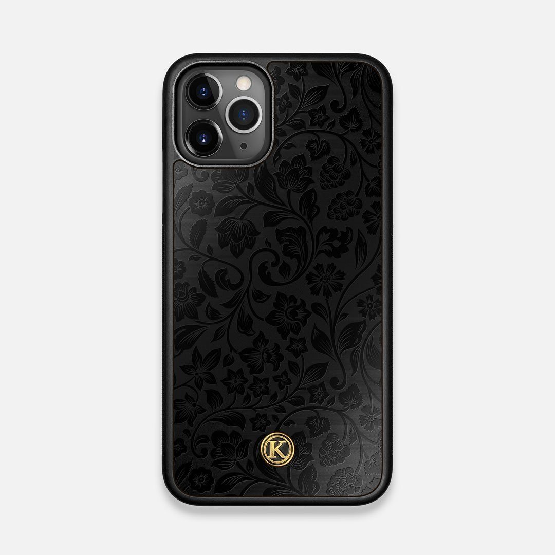 Front view of the highly detailed midnight floral engraving on matte black impact acrylic iPhone 11 Pro Case by Keyway Designs