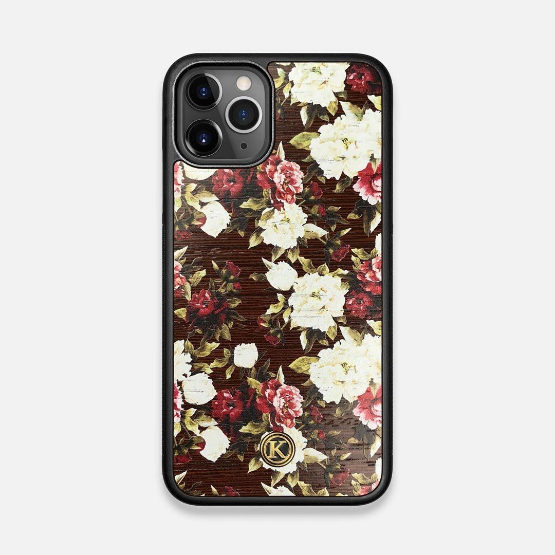 Front view of the Rose white and red rose printed Wenge Wood iPhone 11 Pro Case by Keyway Designs