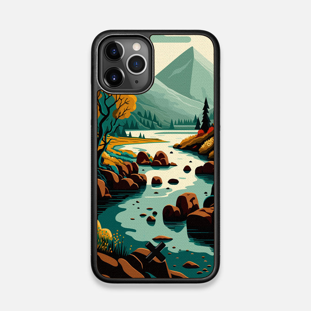 Front view of the stylized calm river flowing towards a lake at the base of the mountains printed to cotton canvas iPhone 11 Pro Case by Keyway Designs
