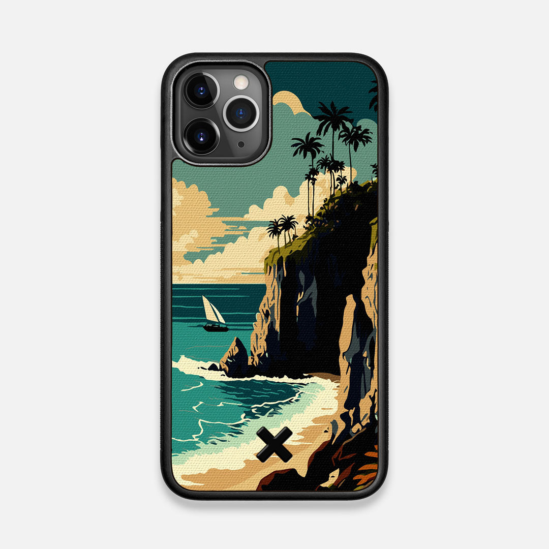 Front view of the stylized seaside bluff with the ocean waves crashing on the shore printed on cotton canvas iPhone 11 Pro Case by Keyway Designs