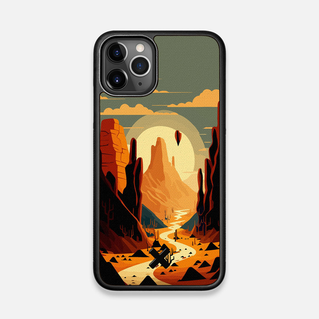 Front view of the stylized thin river cutting deep through a canyon sunset printed on cotton canvas iPhone 11 Pro Case by Keyway Designs