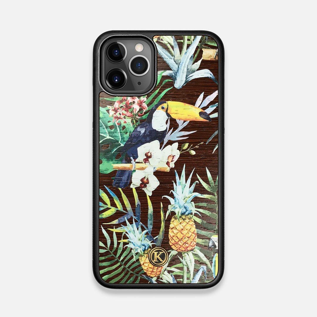 Front view of the Tropic Toucan and leaf printed Wenge Wood iPhone 11 Pro Case by Keyway Designs