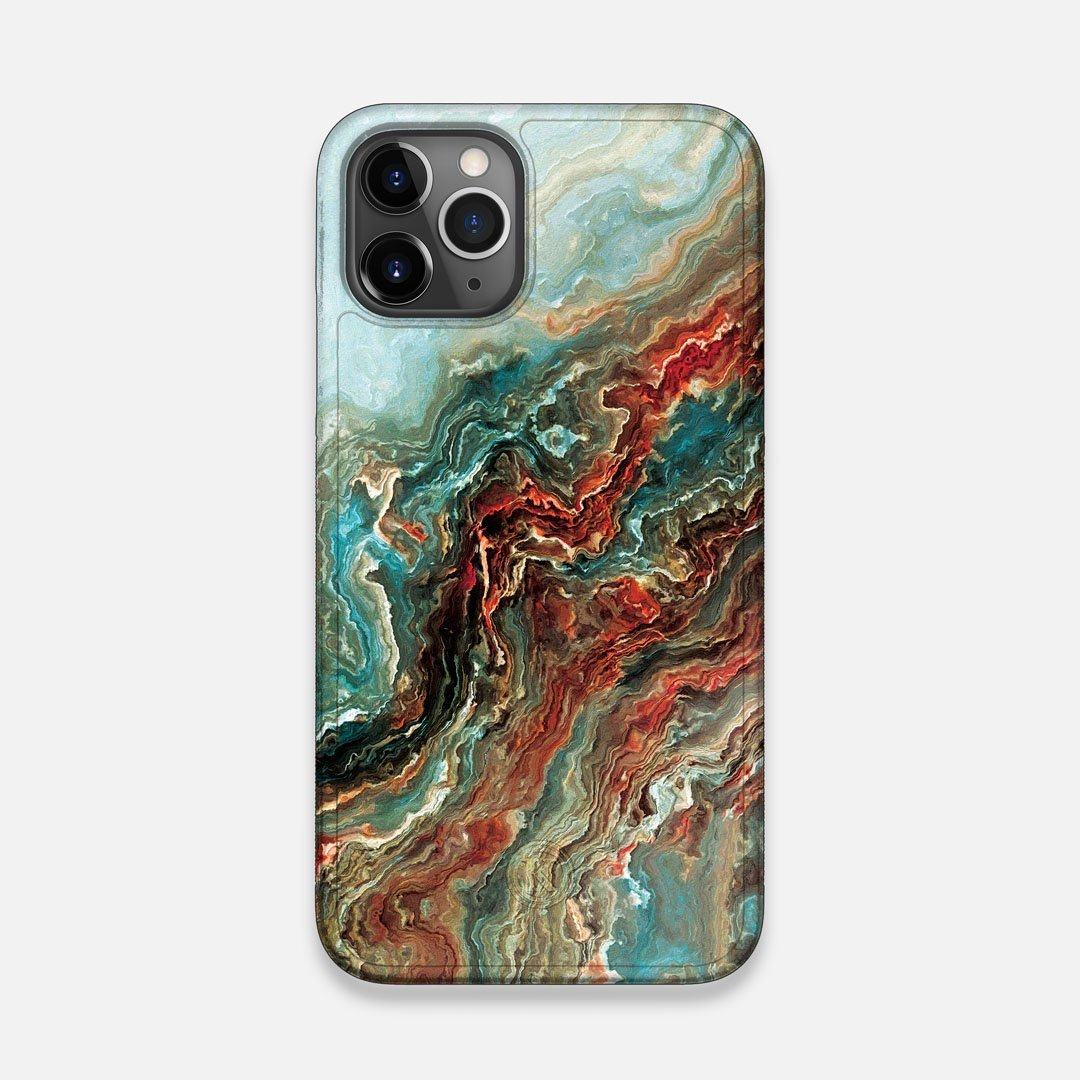 Front view of the vibrant and rich Red & Green flowing marble pattern printed Wenge Wood iPhone 11 Pro Case by Keyway Designs