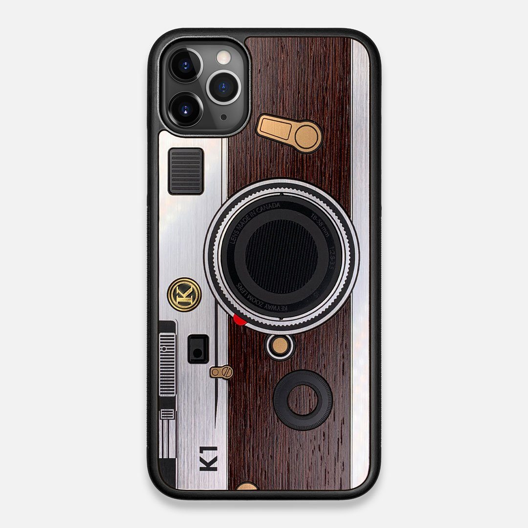 Front view of the classic Camera, silver metallic and wood iPhone 11 Pro Max Case by Keyway Designs