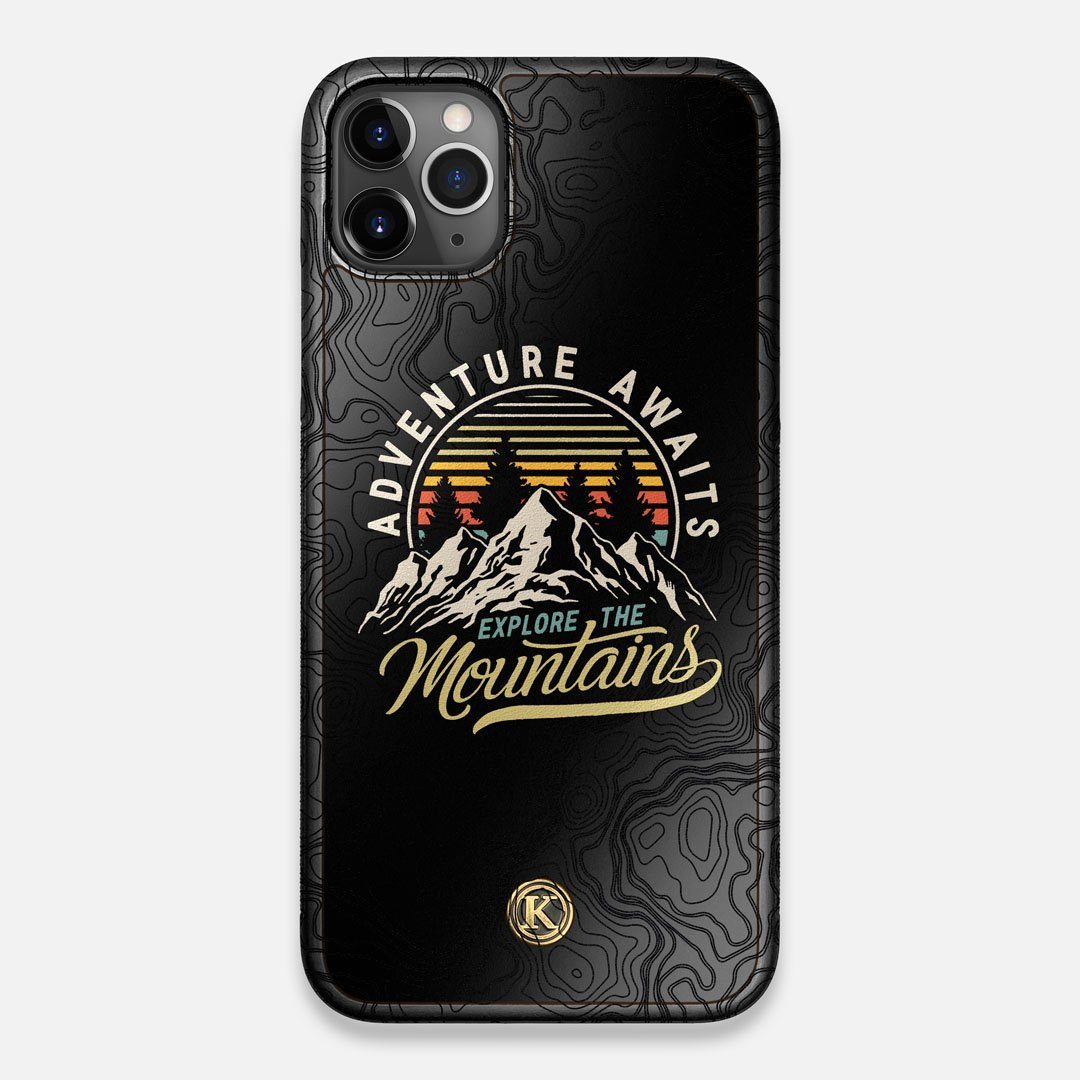 Front view of the crisp topographical map with Explorer badge printed on matte black impact acrylic iPhone 11 Pro Max Case by Keyway Designs