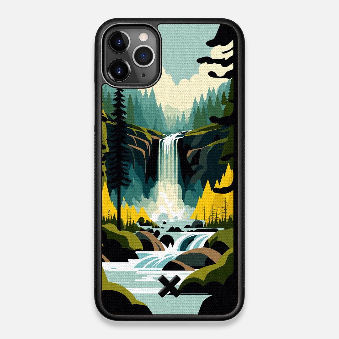 Front view of the stylized peaceful forest waterfall making it's way through the rocks printed to cotton canvas iPhone 11 Pro Max Case by Keyway Designs