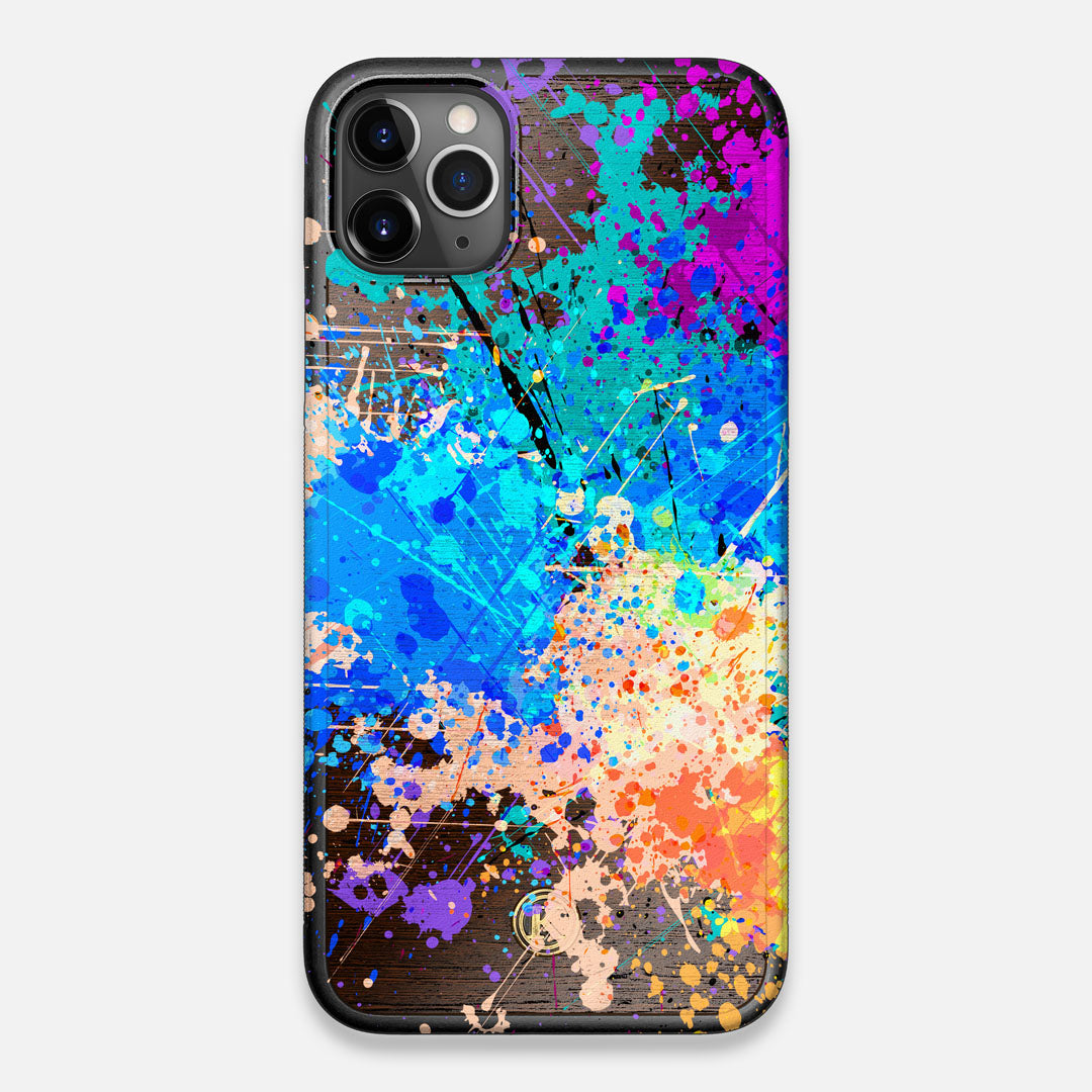 Front view of the realistic paint splatter 'Chroma' printed Wenge Wood iPhone 11 Pro Max Case by Keyway Designs