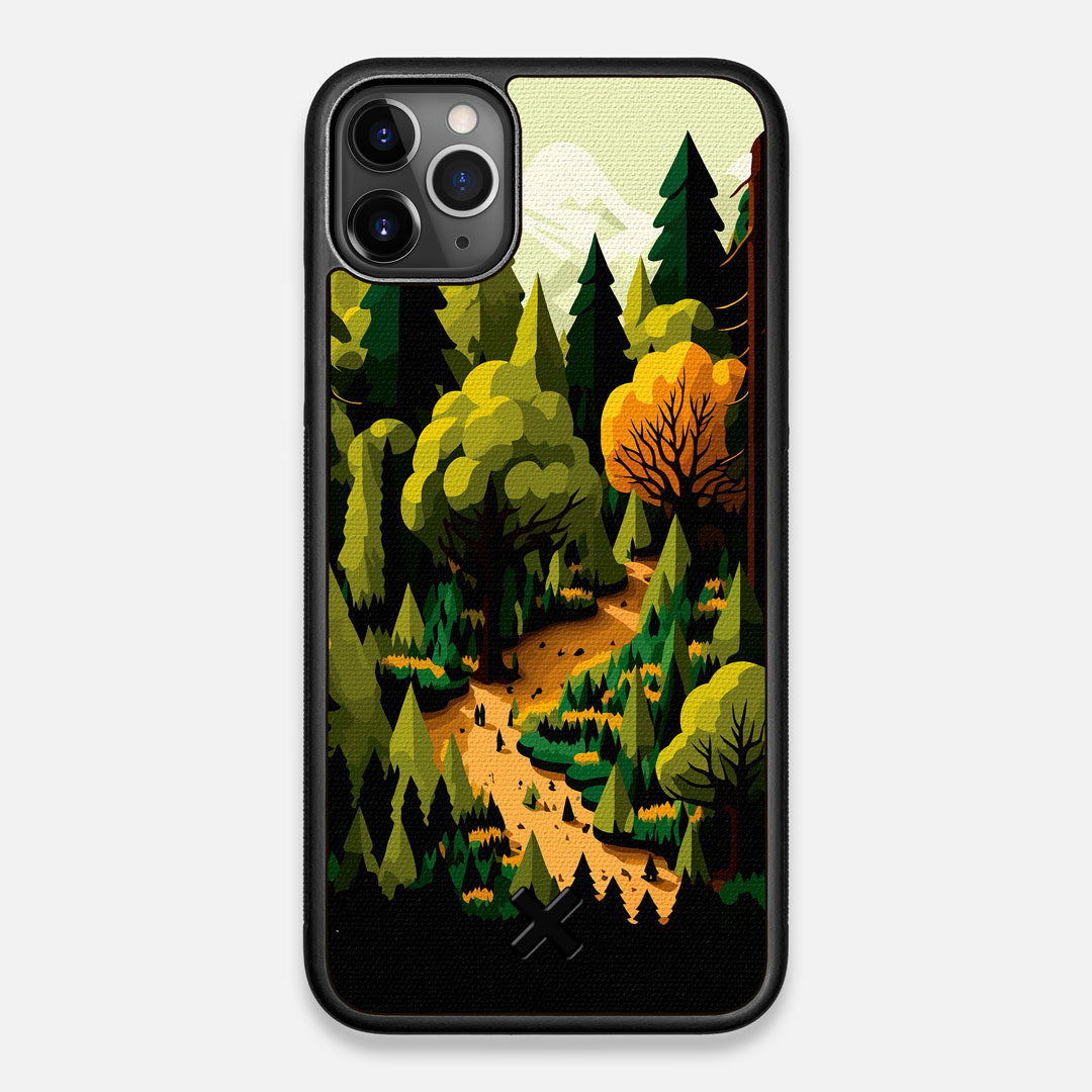 Front view of the stylized quiet forest path making it's way through the evergreen trees printed to cotton canvas iPhone 11 Pro Max Case by Keyway Designs