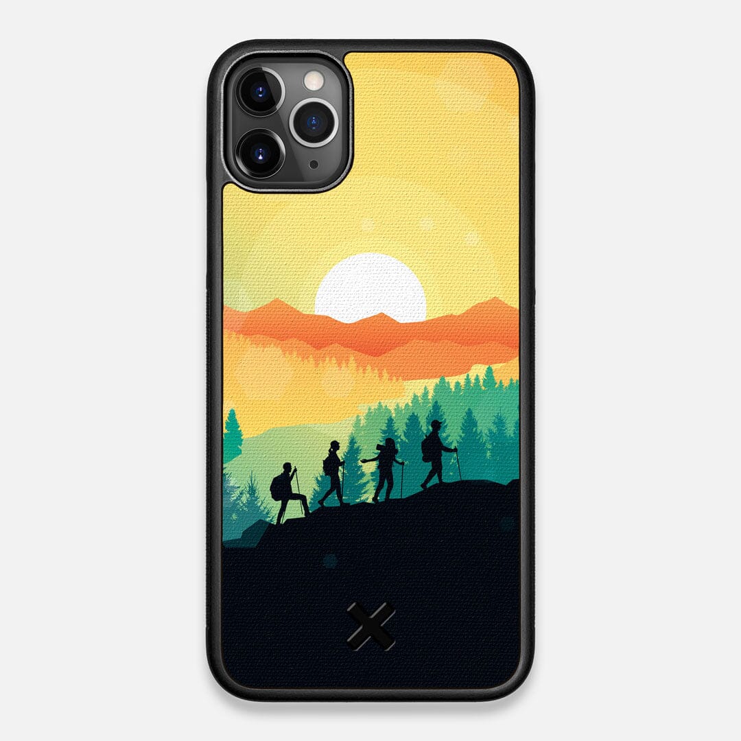 Front view of the stylized group of travellers on an expedition in the mountains printed to cotton canvas iPhone 11 Pro Max Case by Keyway Designs