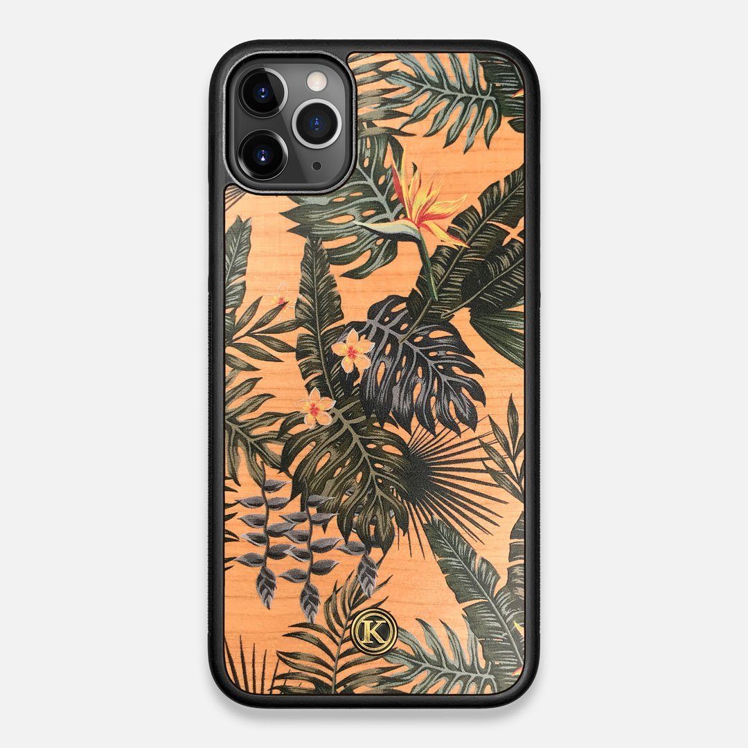 Front view of the Floral tropical leaf printed Cherry Wood iPhone 11 Pro Max Case by Keyway Designs