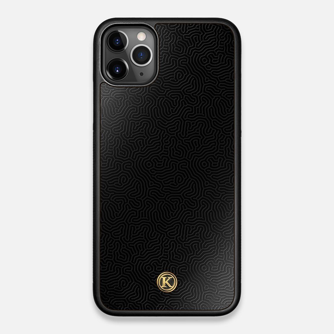 Front view of the highly detailed organic growth engraving on matte black impact acrylic iPhone 11 Pro Max Case by Keyway Designs