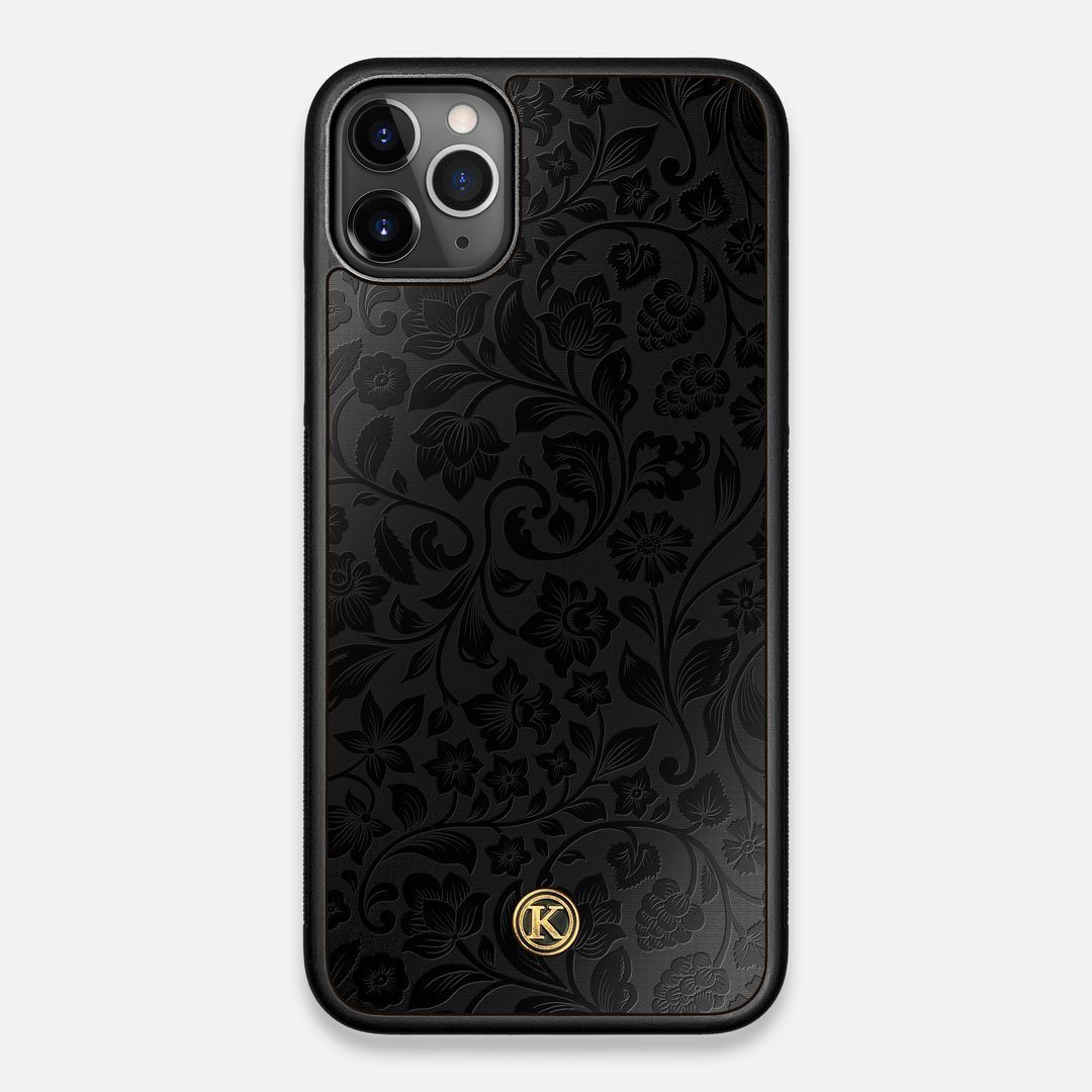 Front view of the highly detailed midnight floral engraving on matte black impact acrylic iPhone 11 Pro Max Case by Keyway Designs
