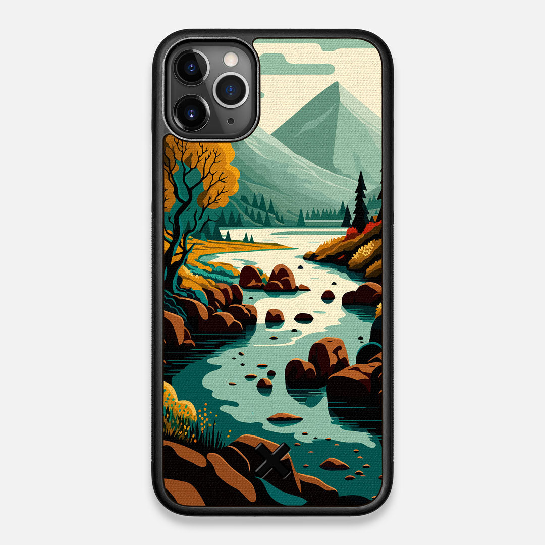 Front view of the stylized calm river flowing towards a lake at the base of the mountains printed to cotton canvas iPhone 11 Pro Max Case by Keyway Designs