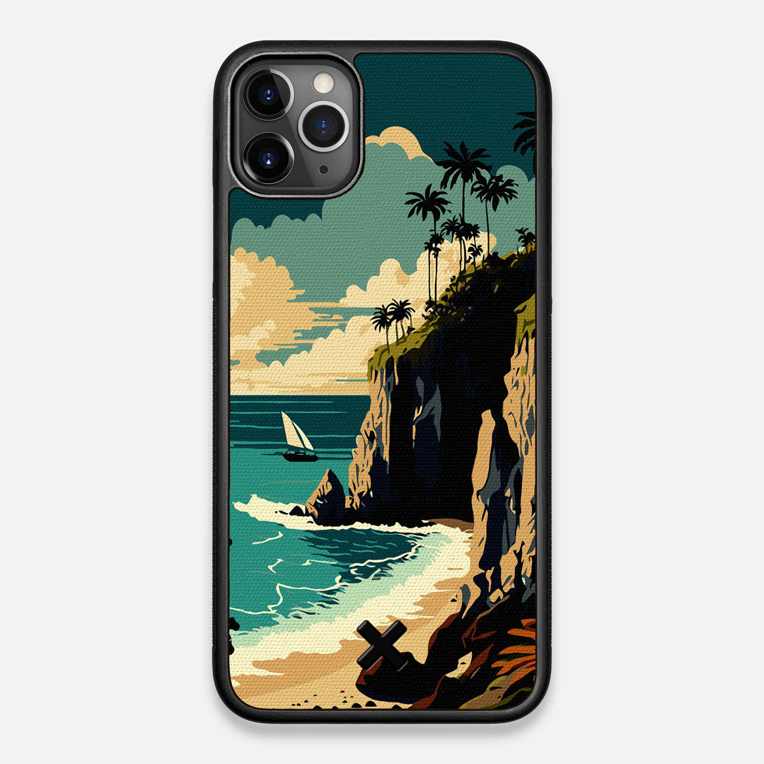 Front view of the stylized seaside bluff with the ocean waves crashing on the shore printed on cotton canvas iPhone 11 Pro Max Case by Keyway Designs