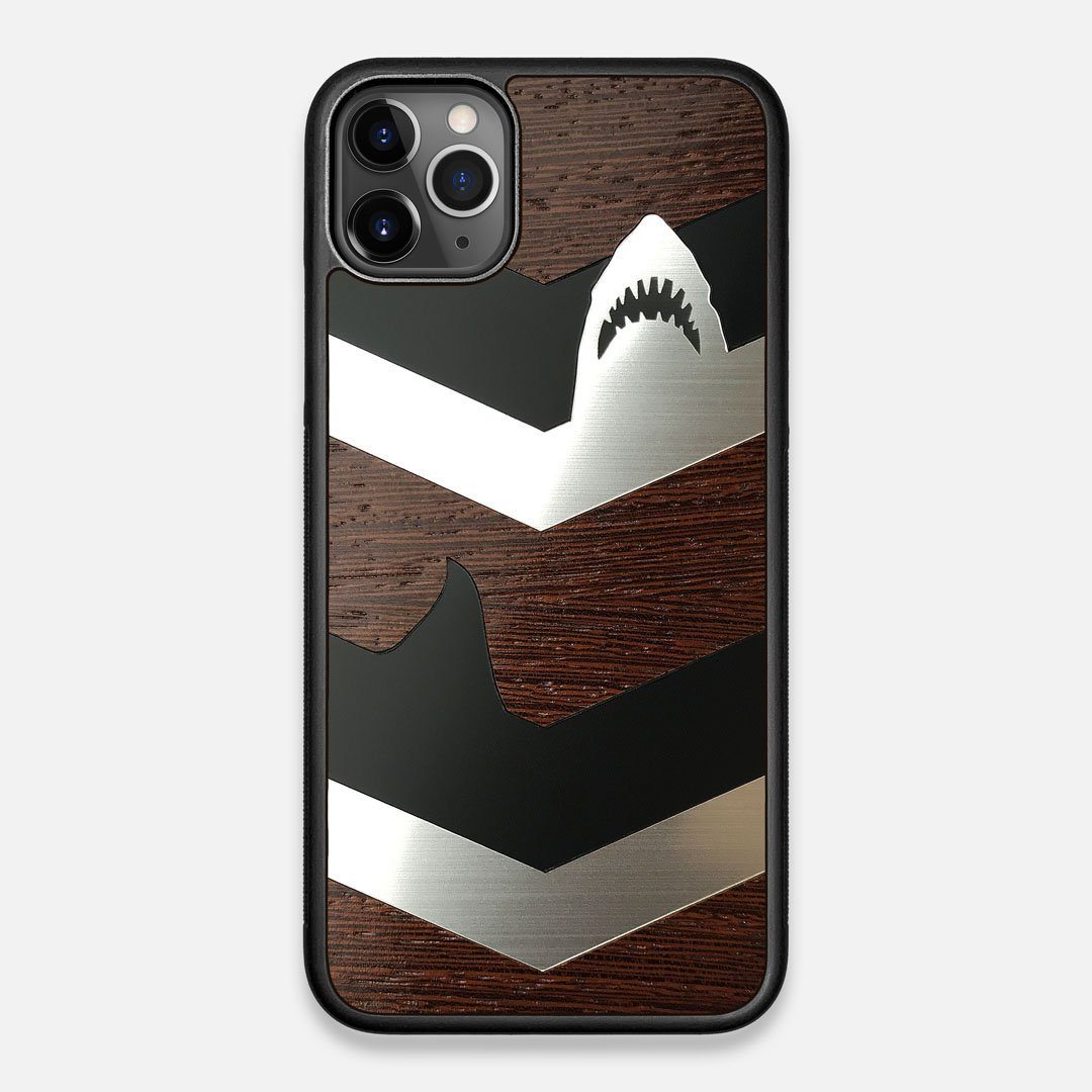 Front view of the Shark Chevron Dark By Parker Barrow Wenge Wood iPhone 11 Pro Max Case by Keyway Designs