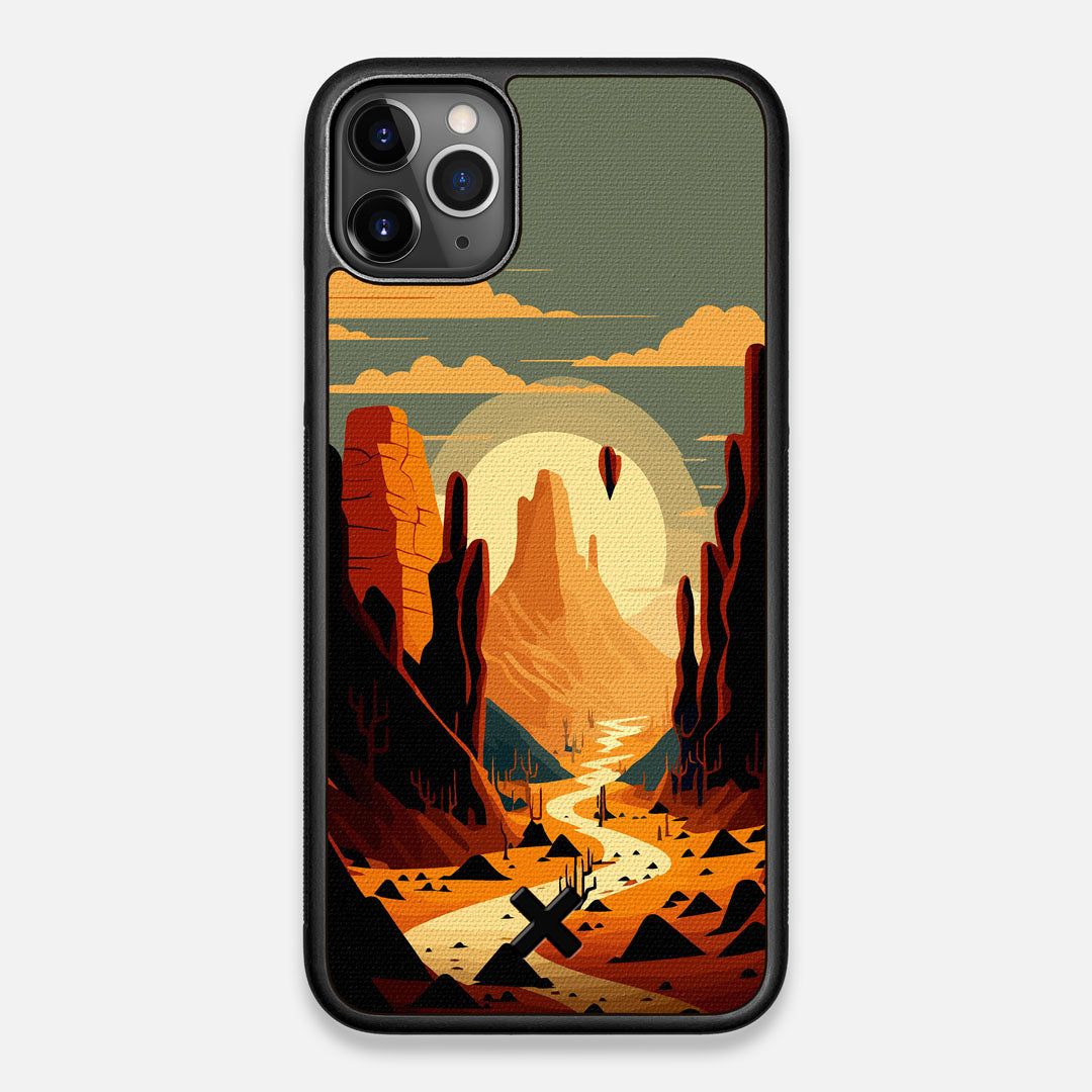 Front view of the stylized thin river cutting deep through a canyon sunset printed on cotton canvas iPhone 11 Pro Max Case by Keyway Designs