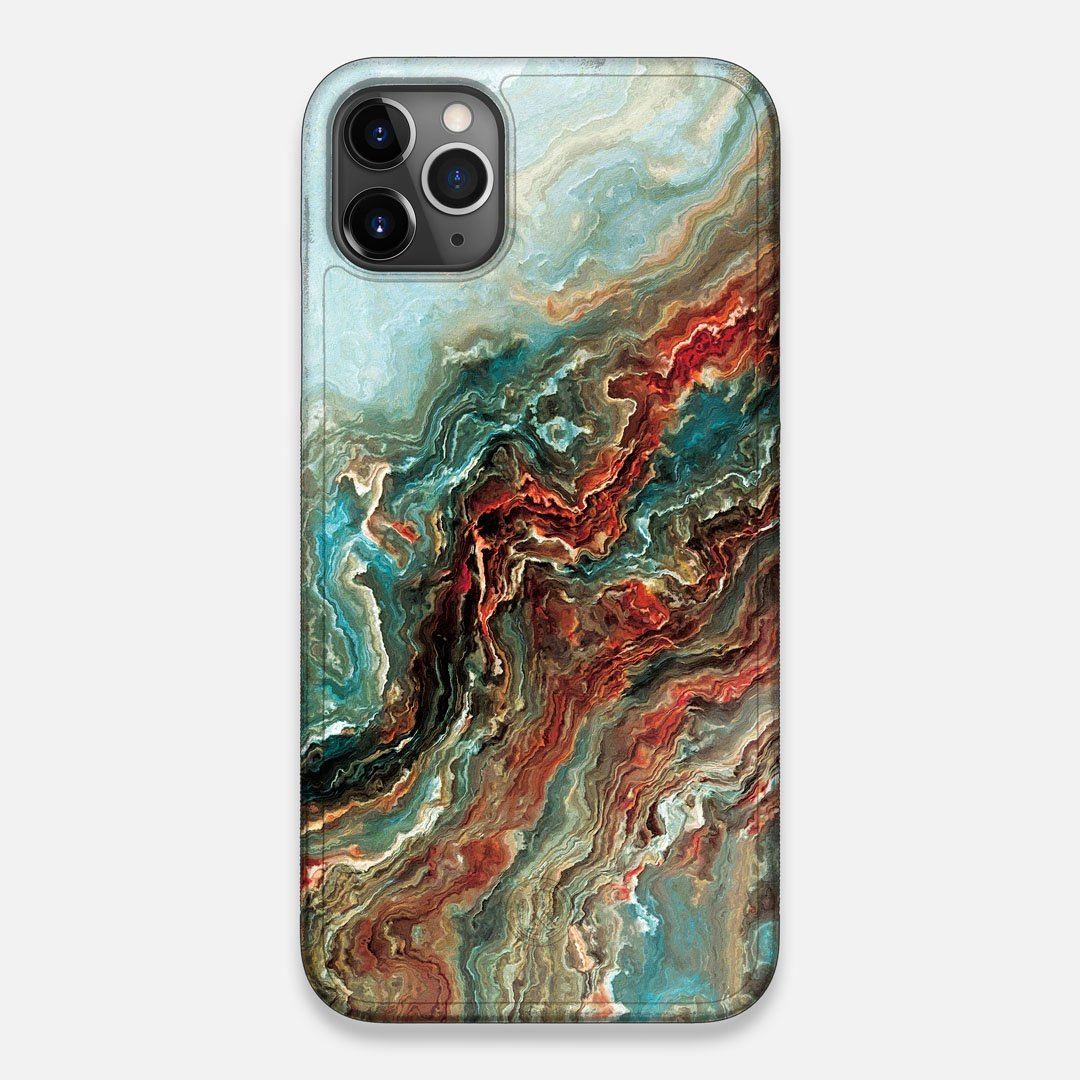 Front view of the vibrant and rich Red & Green flowing marble pattern printed Wenge Wood iPhone 11 Pro Max Case by Keyway Designs