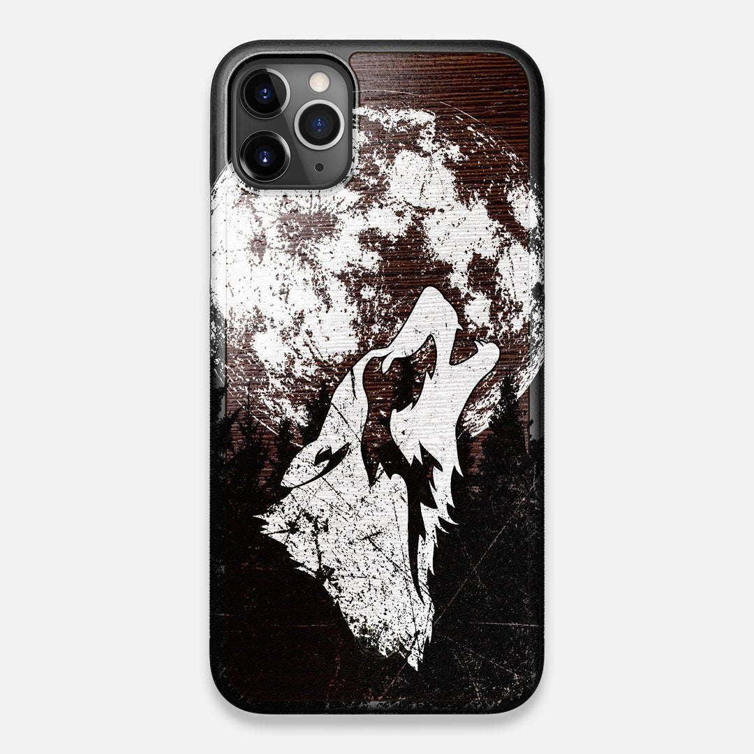 Front view of the high-contrast howling wolf on a full moon printed on a Wenge Wood iPhone 11 Pro Max Case by Keyway Designs