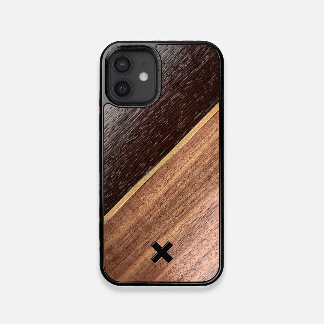 Front view of the Alium Walnut, Gold, and Wenge Elegant Wood iPhone 12 Mini Case by Keyway Designs