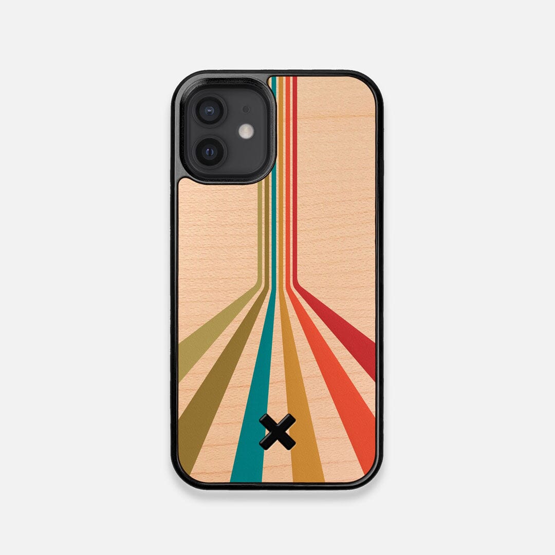 Front view of the array of colour beams splitting across the case printed on Maple wood iPhone 12 Mini Case by Keyway Designs