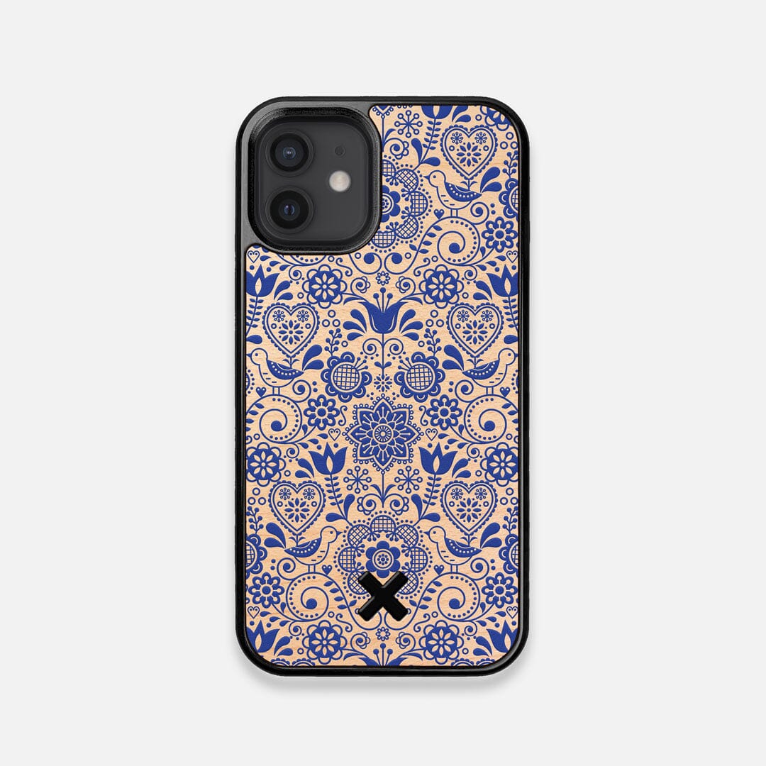 Front view of the blue floral pattern on maple wood iPhone 12 Mini Case by Keyway Designs