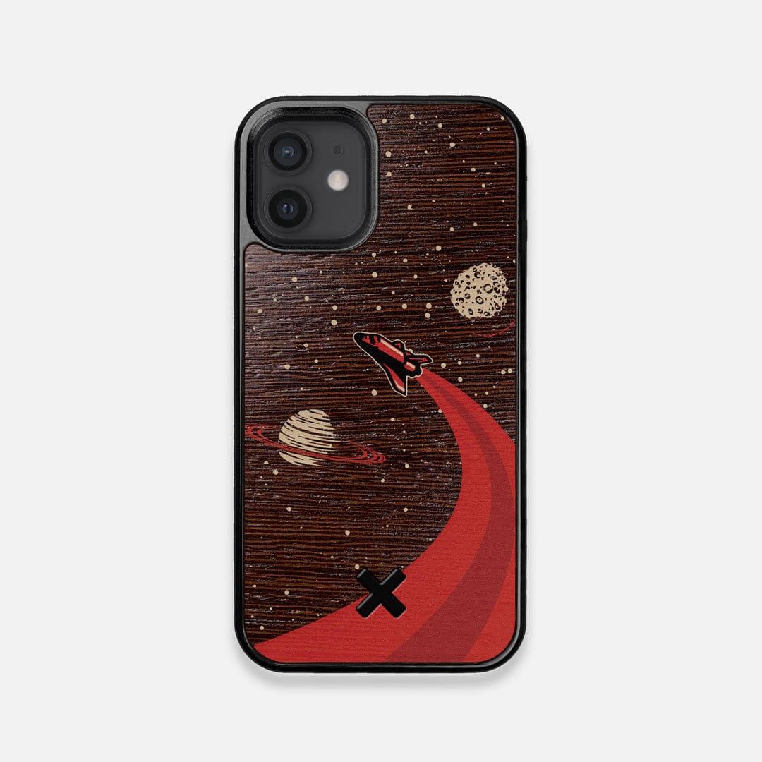 Front view of the stylized space shuttle boosting to saturn printed on Wenge wood iPhone 12 Mini Case by Keyway Designs