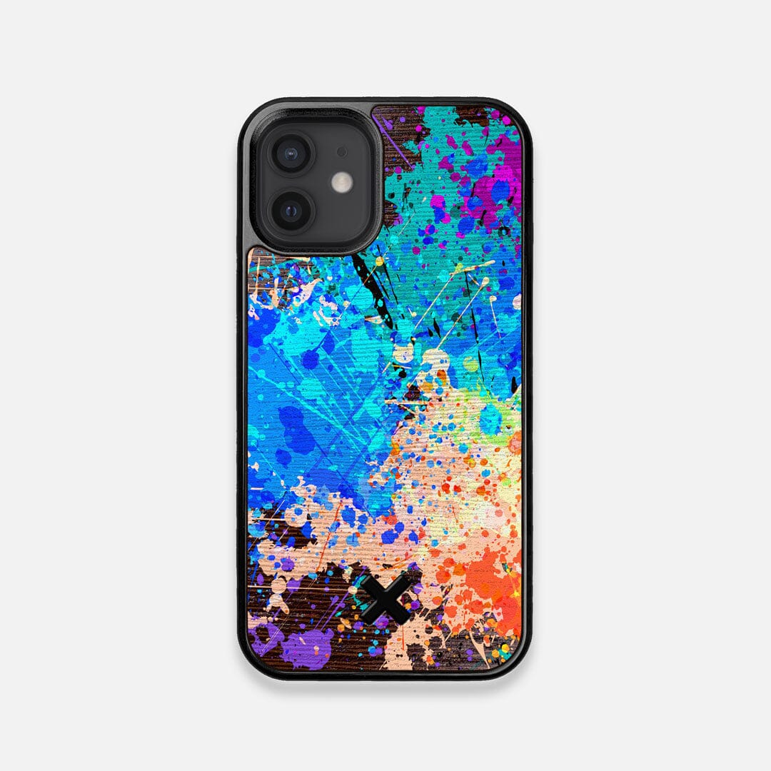 Front view of the realistic paint splatter 'Chroma' printed Wenge Wood iPhone 12 Mini Case by Keyway Designs