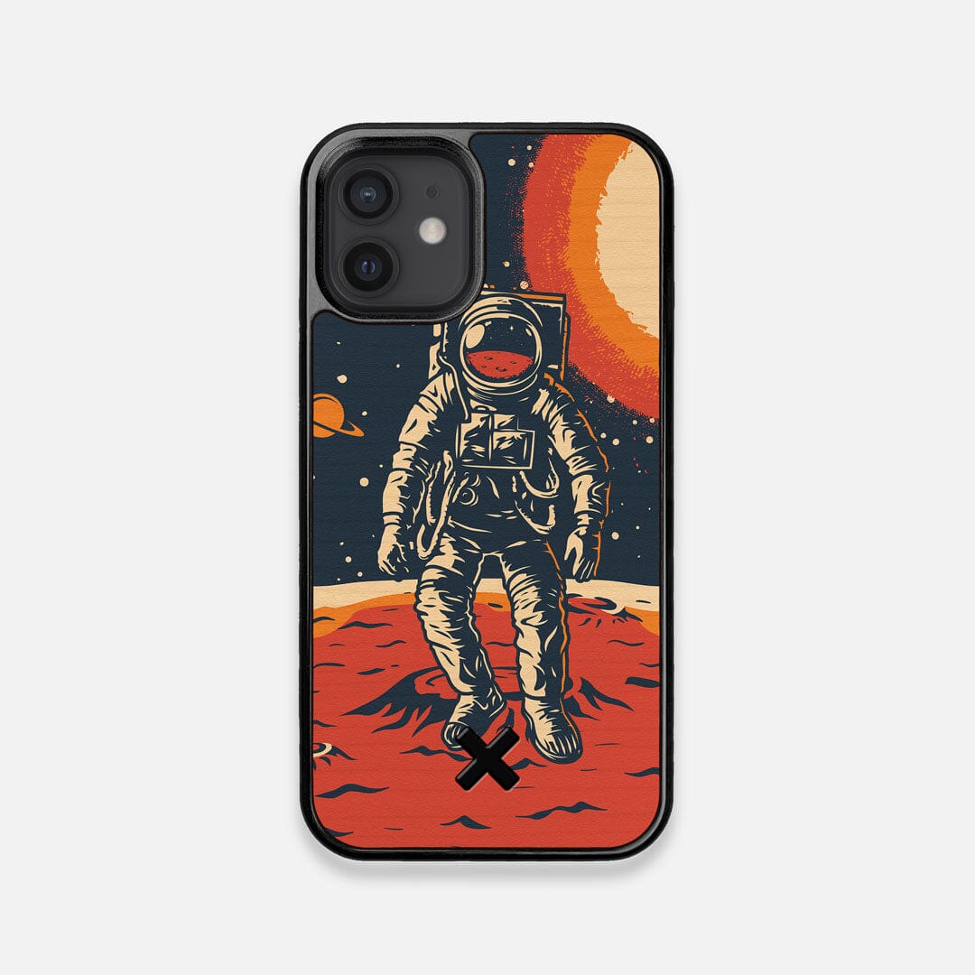 Front view of the stylized astronaut space-walk print on Cherry wood iPhone 12 Mini Case by Keyway Designs