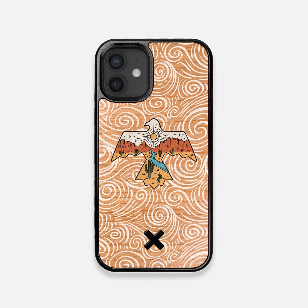 Front view of the double-exposure style eagle over flowing gusts of wind printed on Cherry wood iPhone 12 Mini Case by Keyway Designs