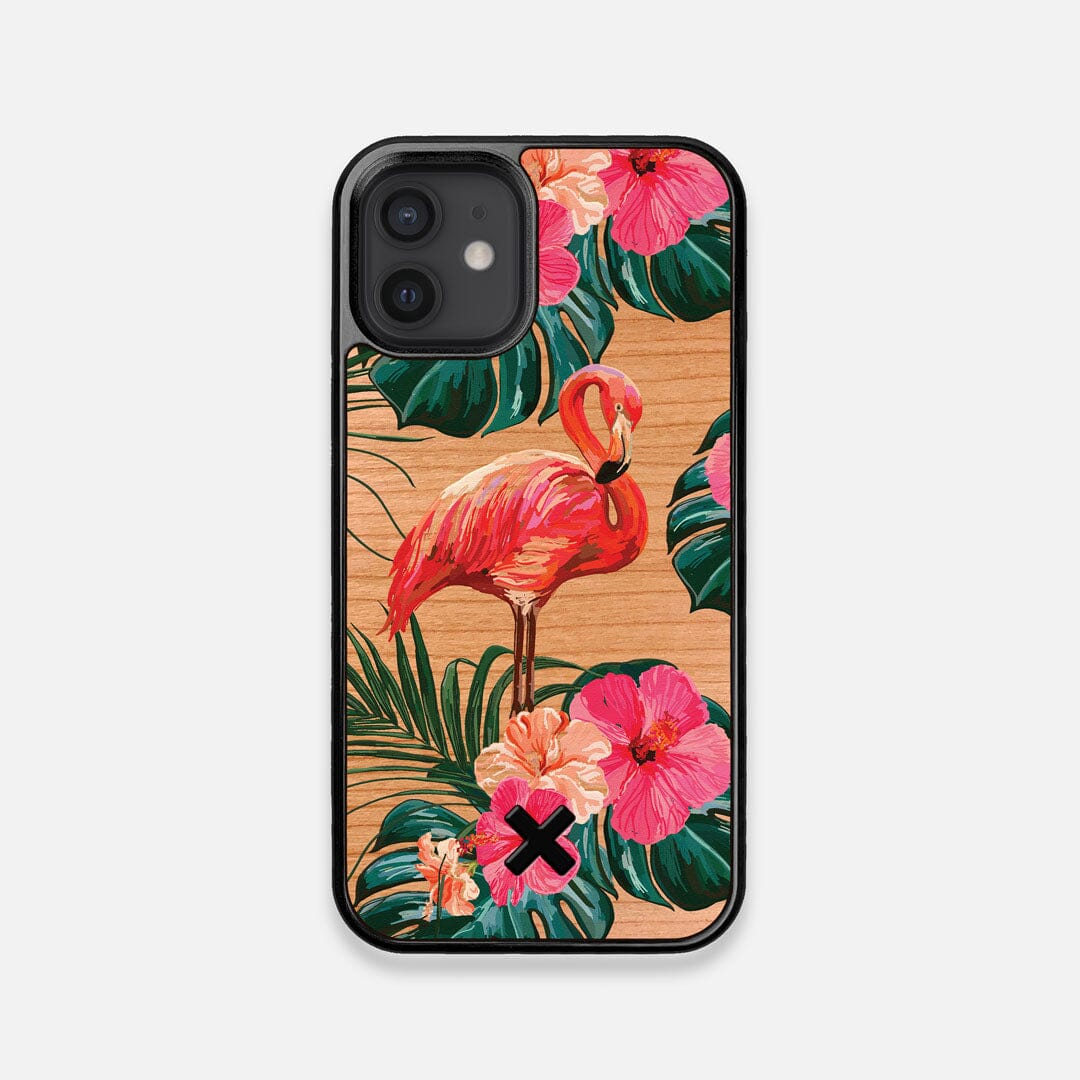 Front view of the Flamingo & Floral printed Cherry Wood iPhone 12 Mini Case by Keyway Designs