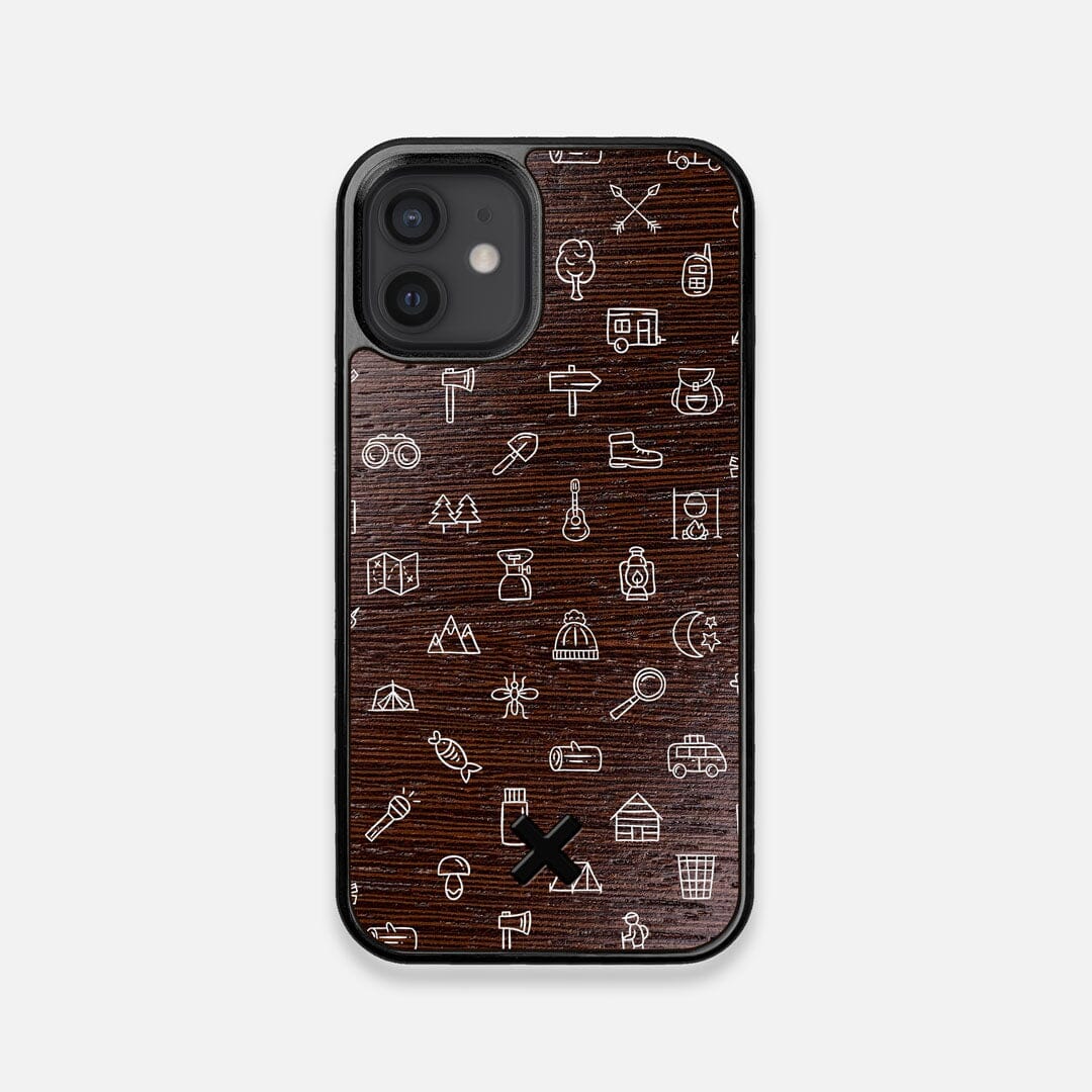 Front view of the fun detailed camping icon print on Wenge wood iPhone 12 Mini Case by Keyway Designs
