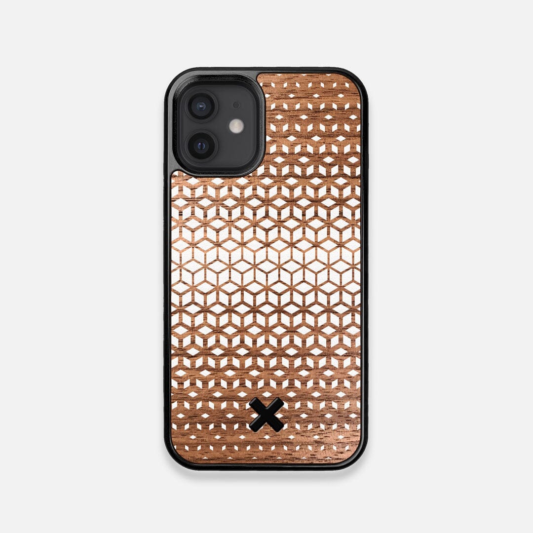 Front view of the white ink geometric gradient printed on Walnut wood iPhone 12 Mini Case by Keyway Designs