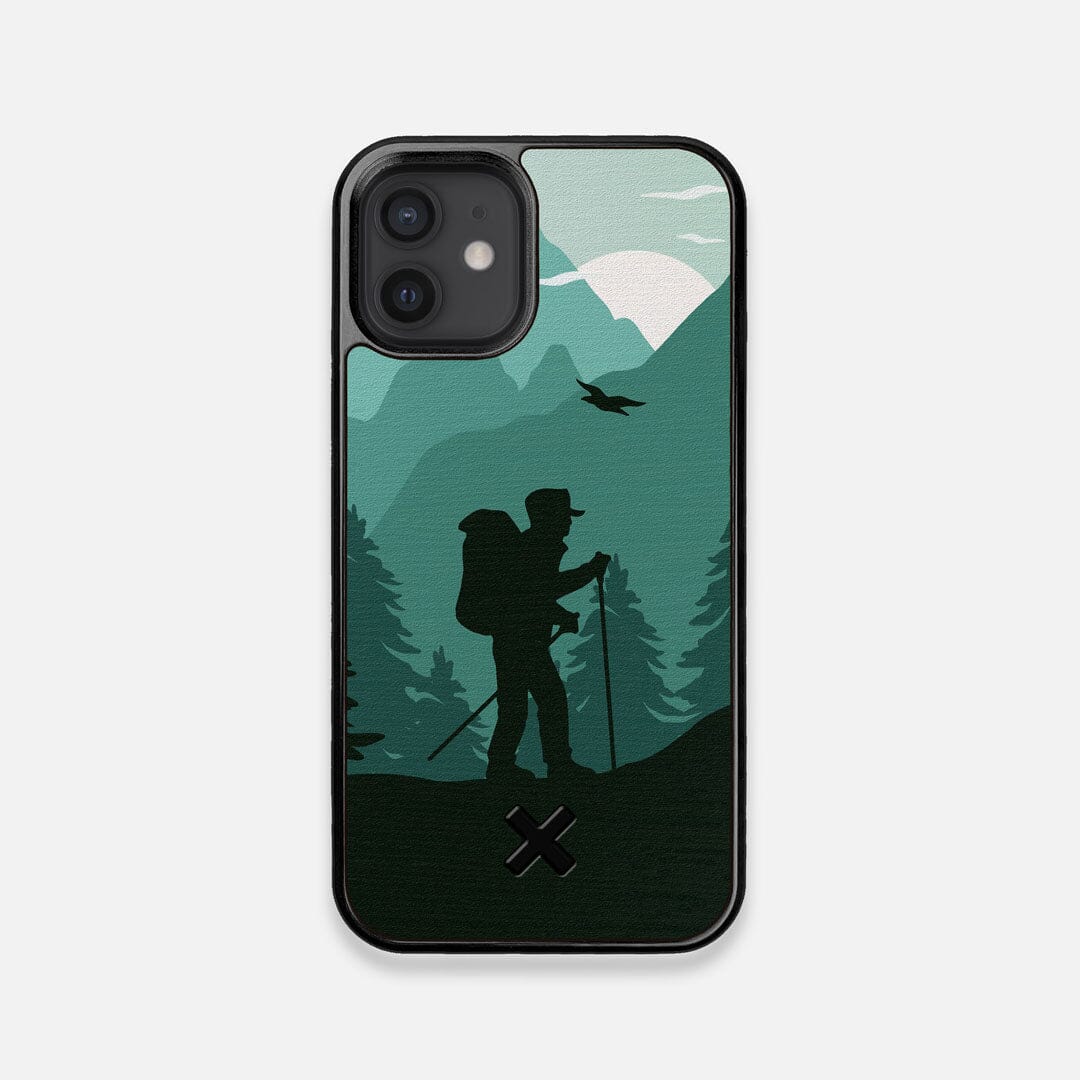 Front view of the stylized mountain hiker print on Wenge wood iPhone 12 Mini Case by Keyway Designs