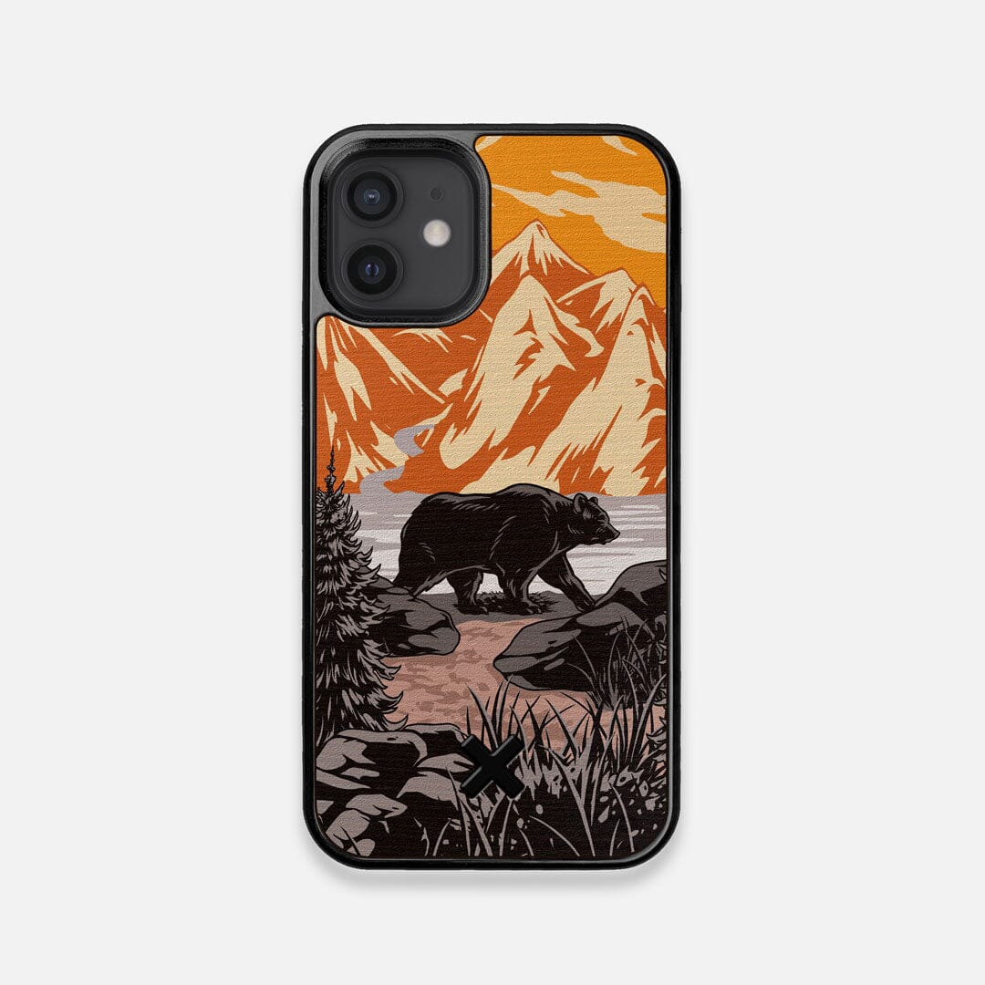 Front view of the stylized Kodiak bear in the mountains print on Wenge wood iPhone 12 Mini Case by Keyway Designs